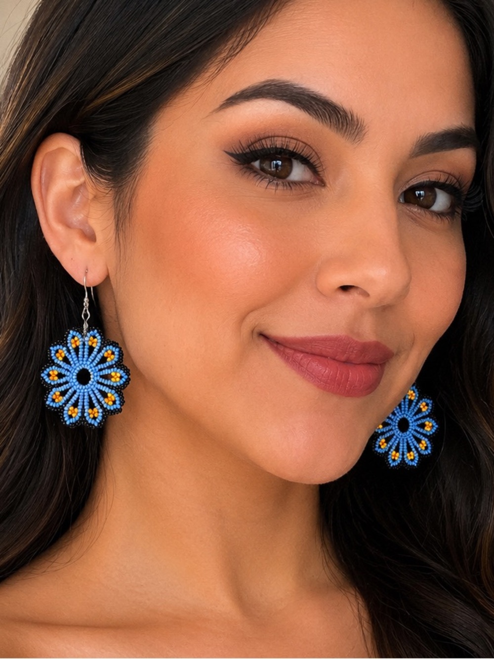 Handmade Blue Beaded Flower Drop Earrings